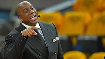 Jun 2, 2022; San Francisco, California, USA; ESPN analyst Magic Johnson before game one of the 2022 NBA Finals between the Golden State Warriors and the Boston Celtics at Chase Center. Mandatory Credit: Darren Yamashita-Imagn Images