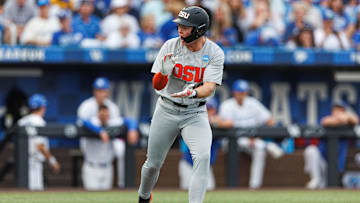 Jun 8, 2024; Lexington, KY, USA; Oregon State Beavers infielder Trent Caraway (44) celebrates after being walked during the seventh inning against the Kentucky Wildcats at Kentucky Proud Park. Mandatory Credit: Jordan Prather-Imagn Images
