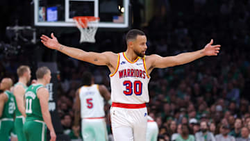 Nov 6, 2024; Boston, Massachusetts, USA; Golden State Warriors guard Stephen Curry (30) reacts during the first half against the Boston Celtics at TD Garden. Mandatory Credit: Paul Rutherford-Imagn Images
