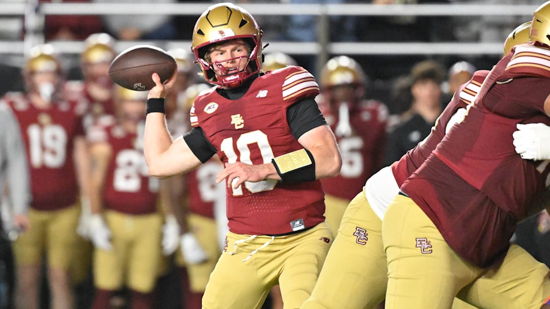 Oct 11, 2025; Chestnut Hill, Massachusetts, USA; Boston College Eagles quarterback Shaker Reisig (10) throws a pass during the second half against the Clemson Tigers at Alumni Stadium. Mandatory Credit: Eric Canha-Imagn Images