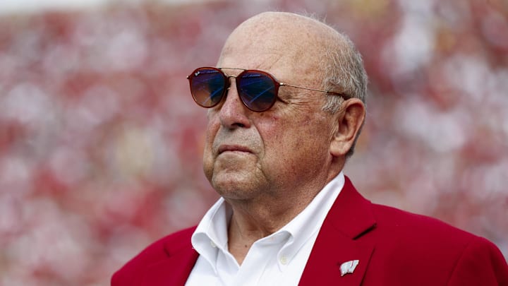 Oct 2, 2021; Madison, Wisconsin, USA; Former Wisconsin Badgers athletic director and football head coach Barry Alvarez looks on during the second quarter against the Michigan Wolverines at Camp Randall Stadium. Oct 2, 2021; Madison, Wisconsin, USA; Former Wisconsin Badgers athletic director and football head coach Barry Alvarez looks on during the second quarter against the Michigan Wolverines at Camp Randall Stadium.