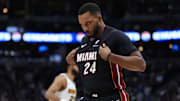 Nov 5, 2025; Denver, Colorado, USA; Miami Heat guard Norman Powell (24) reacts during the second half against the Denver Nuggets at Ball Arena. Mandatory Credit: Ron Chenoy-Imagn Images