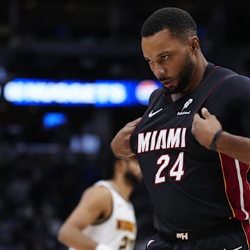 Nov 5, 2025; Denver, Colorado, USA; Miami Heat guard Norman Powell (24) reacts during the second half against the Denver Nuggets at Ball Arena. Mandatory Credit: Ron Chenoy-Imagn Images
