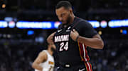 Nov 5, 2025; Denver, Colorado, USA; Miami Heat guard Norman Powell (24) reacts during the second half against the Denver Nuggets at Ball Arena. Mandatory Credit: Ron Chenoy-Imagn Images