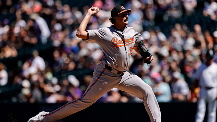 Sep 1, 2024; Denver, Colorado, USA; Baltimore Orioles starting pitcher Zach Eflin (24) pitches in the first inning against the Colorado Rockies at Coors Field.