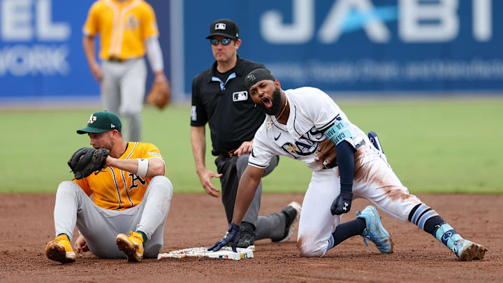 Tampa Bay Rays third baseman Junior Caminero (13) reacts after being called safe on a double against the Oakland Athletics in the sixth inning at George M. Steinbrenner Field on July 2.