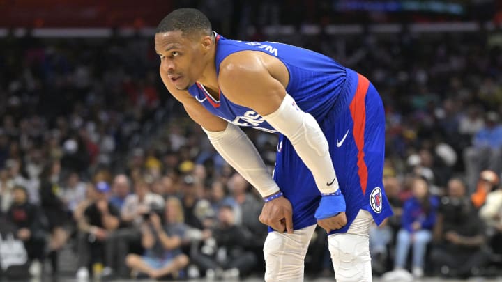 Clippers guard Russell Westbrook looks on during the second half of a game against the Utah Jazz at Crypto.com Arena. 