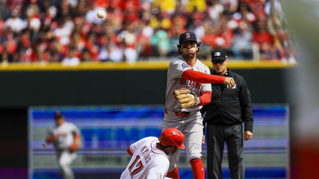 Mar 29, 2026; Cincinnati, Ohio, USA; Boston Red Sox second baseman Marcelo Mayer (11) throws to first to get Cincinnati Reds catcher Tyler Stephenson (not pictured) out in the second inning at Great American Ball Park. Mandatory Credit: Katie Stratman-Imagn Images