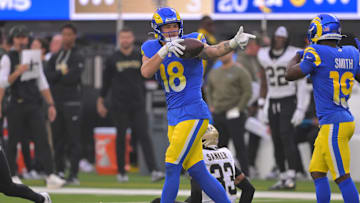 Nov 2, 2025; Inglewood, California, USA; Los Angeles Rams tight end Terrance Ferguson (18) reacts after making a 45-yard reception against the New Orleans Saints during the first half at SoFi Stadium. Mandatory Credit: Jayne Kamin-Oncea-Imagn Images
