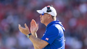 Nov 8, 2025; Tucson, Arizona, USA; Kansas Jayhawks head coach Lance Leipold against the Arizona Wildcats at Arizona Stadium. Mandatory Credit: Mark J. Rebilas-Imagn Images
