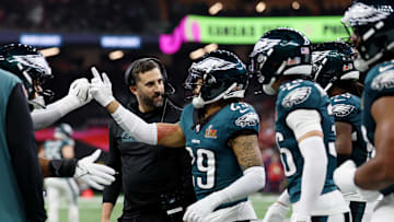 Feb 9, 2025; New Orleans, LA, USA; Philadelphia Eagles head coach Nick Sirianni reacts after cornerback Avonte Maddox (29) made a defensive stop against the Kansas City Chiefs during the second half of Super Bowl LIX at Caesars Superdome.