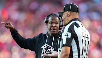 Oct 19, 2025; Santa Clara, California, USA; Atlanta Falcons head coach Raheem Morris talks with a referee during the first quarter against the San Francisco 49ers at Levi's Stadium. Mandatory Credit: Kyle Terada-Imagn Images
