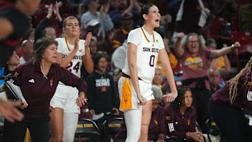 ASU Sun Devils forward Kennedy Basham (0). celebrates her teammates from the bench during their game against the Jacksonville State Gamecocks at Desert Financial Arena in Tempe on Nov. 4, 2024.