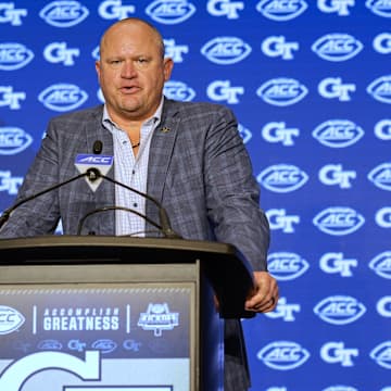 Jul 22, 2024; Charlotte, NC, USA; Georgia Tech head coach Brent Key speaks to the media during ACC Kickoff at Hilton Charlotte Uptown. Mandatory Credit: Jim Dedmon-Imagn Images