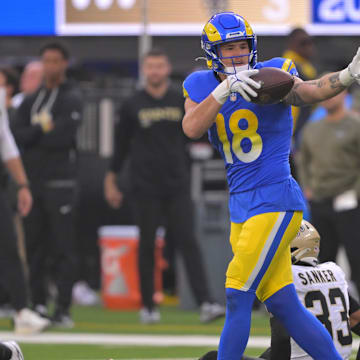 Nov 2, 2025; Inglewood, California, USA; Los Angeles Rams tight end Terrance Ferguson (18) reacts after making a 45-yard reception against the New Orleans Saints during the first half at SoFi Stadium. Mandatory Credit: Jayne Kamin-Oncea-Imagn Images