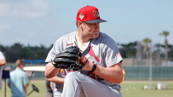 Feb 16, 2026; Jupiter, FL, USA;  St. Louis Cardinals pitcher Richard Fitts (35) throws a pitch during spring training workouts at Roger Dean Stadium. Mandatory Credit: Reinhold Matay-Imagn Images