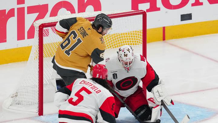 Jun 9, 2026; Las Vegas, Nevada, USA; Carolina Hurricanes goaltender Brandon Bussi (32) makes a save against Vegas Golden Knights right wing Mark Stone (61) during the 3rd period in game four of the 2026 Stanley Cup Final at T-Mobile Arena. Mandatory Credit: Stephen R. Sylvanie-Imagn Images