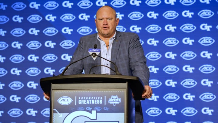 Jul 22, 2024; Charlotte, NC, USA; Georgia Tech head coach Brent Key speaks to the media during ACC Kickoff at Hilton Charlotte Uptown. Mandatory Credit: Jim Dedmon-USA TODAY Sports