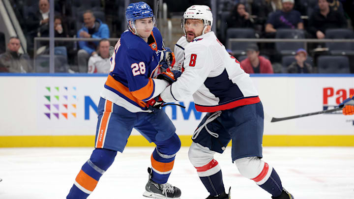 Jan 16, 2023; Elmont, New York, USA; Washington Capitals left wing Alex Ovechkin (8) fights for position against New York Islanders defenseman Alexander Romanov (28) during the third period at UBS Arena. Mandatory Credit: Brad Penner-Imagn Images