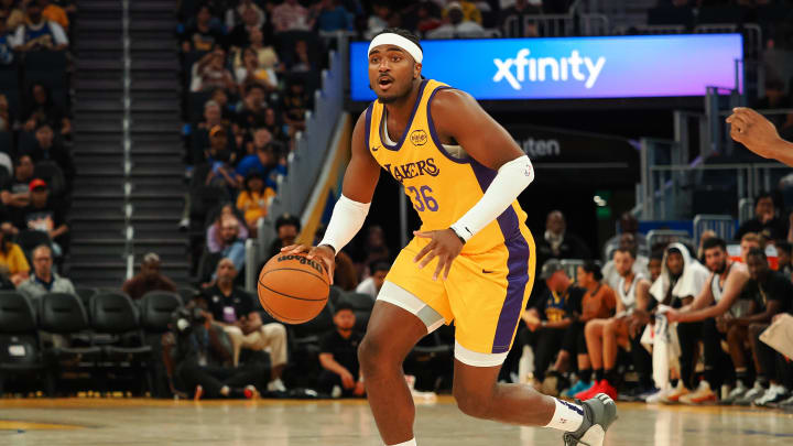 Jul 6, 2024; San Francisco, CA, USA; Los Angeles Lakers forward Blake Hinson (36) controls the ball against the Sacramento Kings during the third quarter at Chase Center. Mandatory Credit: Kelley L Cox-USA TODAY Sports