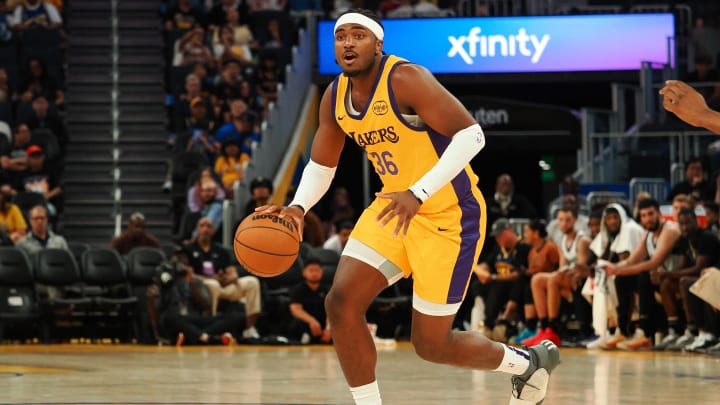 Jul 6, 2024; San Francisco, CA, USA; Los Angeles Lakers forward Blake Hinson (36) controls the ball against the Sacramento Kings during the third quarter at Chase Center. Mandatory Credit: Kelley L Cox-USA TODAY Sports