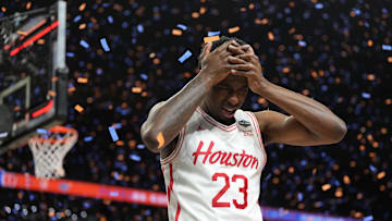Apr 7, 2025; San Antonio, TX, USA; Houston Cougars guard Terrance Arceneaux (23) reacts as he walks off the court after losing to the Florida Gators in the national championship game of the Final Four of the 2025 NCAA Tournament at the Alamodome. Mandatory Credit: Robert Deutsch-Imagn Images