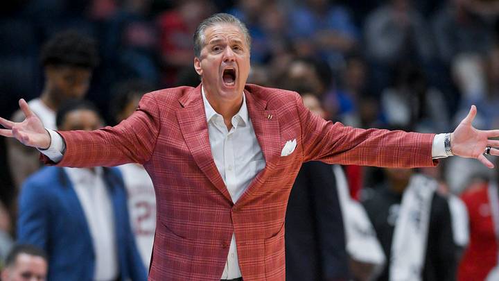Mar 14, 2026; Nashville, TN, USA;  Arkansas Razorbacks head coach John Calipari reacts against the Mississippi Rebels during the second half at Bridgestone Arena. Mandatory Credit: Steve Roberts-Imagn Images