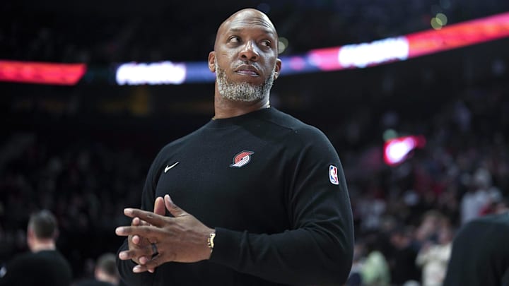 Dec 30, 2024; Portland, Oregon, USA; Portland Trail Blazers head coach Chauncey Billups looks on before the game against the Philadelphia 76ers at Moda Center. Mandatory Credit: Soobum Im-Imagn Images