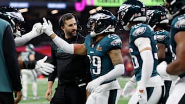 Feb 9, 2025; New Orleans, LA, USA; Philadelphia Eagles head coach Nick Sirianni reacts after cornerback Avonte Maddox (29) made a defensive stop against the Kansas City Chiefs during the second half of Super Bowl LIX at Caesars Superdome. Mandatory Credit: Geoff Burke-Imagn Images