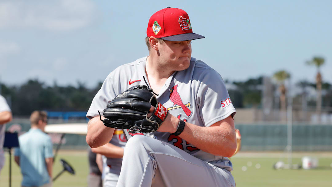 Feb 16, 2026; Jupiter, FL, USA;  St. Louis Cardinals pitcher Richard Fitts (35) throws a pitch during spring training workouts at Roger Dean Stadium. Mandatory Credit: Reinhold Matay-Imagn Images