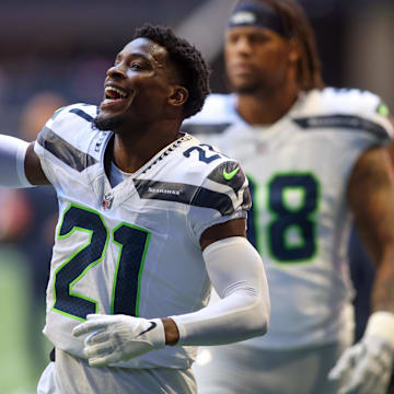 Oct 20, 2024; Atlanta, Georgia, USA; Seattle Seahawks cornerback Devon Witherspoon (21) runs off the field before a game against the Atlanta Falcons at Mercedes-Benz Stadium.