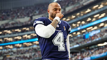 Oct 13, 2024; Arlington, Texas, USA; Dallas Cowboys quarterback Dak Prescott (4) prays before the game against the Detroit Lions at AT&T Stadium. Mandatory Credit: Kevin Jairaj-Imagn Images