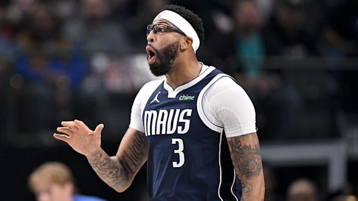 Dec 12, 2025; Dallas, Texas, USA; Dallas Mavericks forward Anthony Davis (3) reacts to a foul call during the first quarter against the Brooklyn Nets at the American Airlines Center. Mandatory Credit: Jerome Miron-Imagn Images