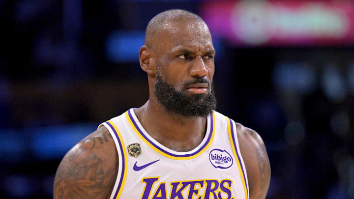 May 9, 2026; Los Angeles, California, USA; Los Angeles Lakers forward LeBron James (23) reacts after a foul in game three of the second round of the 2026 NBA Playoffs against the Oklahoma City Thunder at Crypto.com Arena. Mandatory Credit: Jayne Kamin-Oncea-Imagn Images
