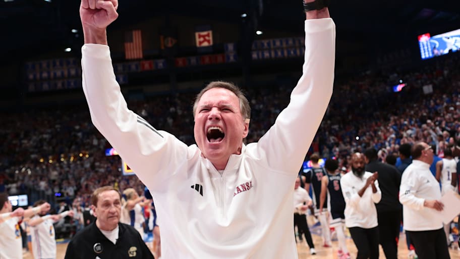 Bill Self celebrates after defeating Arizona in February.