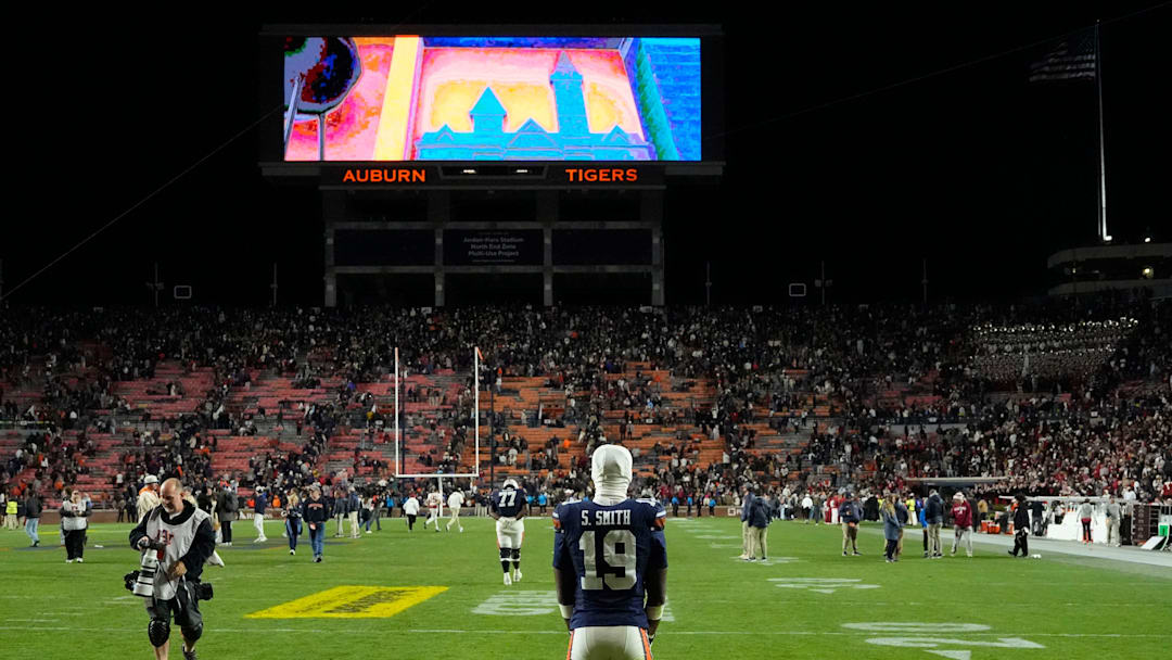 Nov 29, 2025; Auburn, Alabama, USA; Auburn safety Sylvester Smith (19) stands on the field after Auburn lost to Alabama 27-20 at Jordan-Hare Stadium. Mandatory Credit: Gary Cosby Jr.-Tuscaloosa News