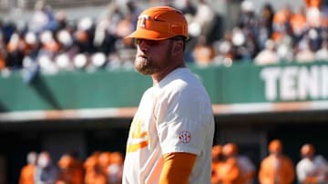 Tennessee third base coach Josh Elander during a Tennessee baseball game against Samford at Lindsey Nelson Stadium at the University of Tennessee on Sunday, February 23, 2025.