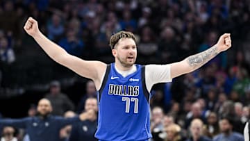 Jan 29, 2024; Dallas, Texas, USA; Dallas Mavericks guard Luka Doncic (77) celebrates during the game between the Dallas Mavericks and the Orlando Magic at the American Airlines Center. Mandatory Credit: Jerome Miron-Imagn Images