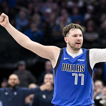 Jan 29, 2024; Dallas, Texas, USA; Dallas Mavericks guard Luka Doncic (77) celebrates during the game between the Dallas Mavericks and the Orlando Magic at the American Airlines Center. Mandatory Credit: Jerome Miron-Imagn Images