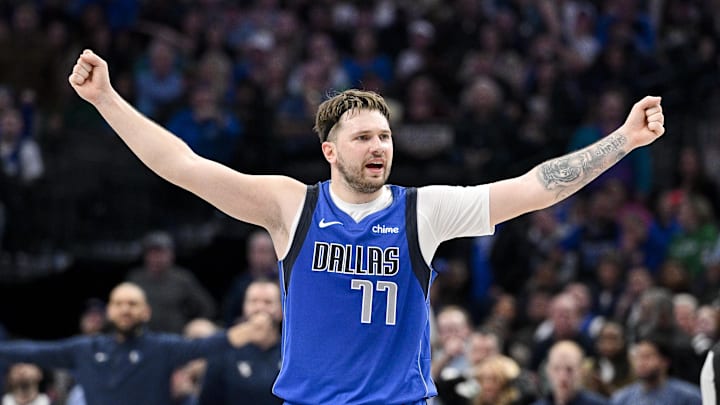 Jan 29, 2024; Dallas, Texas, USA; Dallas Mavericks guard Luka Doncic (77) celebrates during the game between the Dallas Mavericks and the Orlando Magic at the American Airlines Center. Mandatory Credit: Jerome Miron-Imagn Images