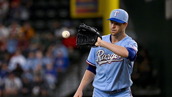 Texas Rangers starting pitcher Jacob deGrom (48) pitches against the Oakland Athletics during the third inning at Globe Life Field in 2023.