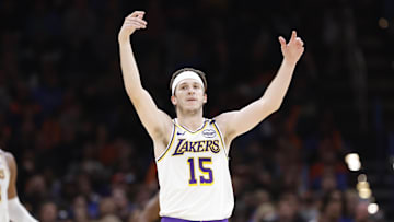 Apr 6, 2025; Oklahoma City, Oklahoma, USA; Los Angeles Lakers guard Austin Reaves (15) gestures after scoring against the Oklahoma City Thunder during the second half at Paycom Center. Mandatory Credit: Alonzo Adams-Imagn Images