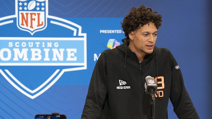 Feb 28, 2025; Indianapolis, IN, USA; Iowa State wideout Jayden Higgins (WO18) speaks at a press conference during the 2025 NFL Combine at Indiana Convention Center. Mandatory Credit: Stephanie Amador Blondet-Imagn Images Feb 28, 2025; Indianapolis, IN, USA; Iowa State wideout Jayden Higgins (WO18) speaks at a press conference during the 2025 NFL Combine at Indiana Convention Center. Mandatory Credit: Stephanie Amador Blondet-Imagn Images