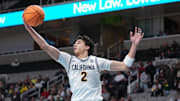 Dec 21, 2024; San Jose, California, USA; California Golden Bears guard Andrej Stojakovic (2) rebounds against the San Diego State Aztecs during the first half at SAP Center. Mandatory Credit: Darren Yamashita-Imagn Images