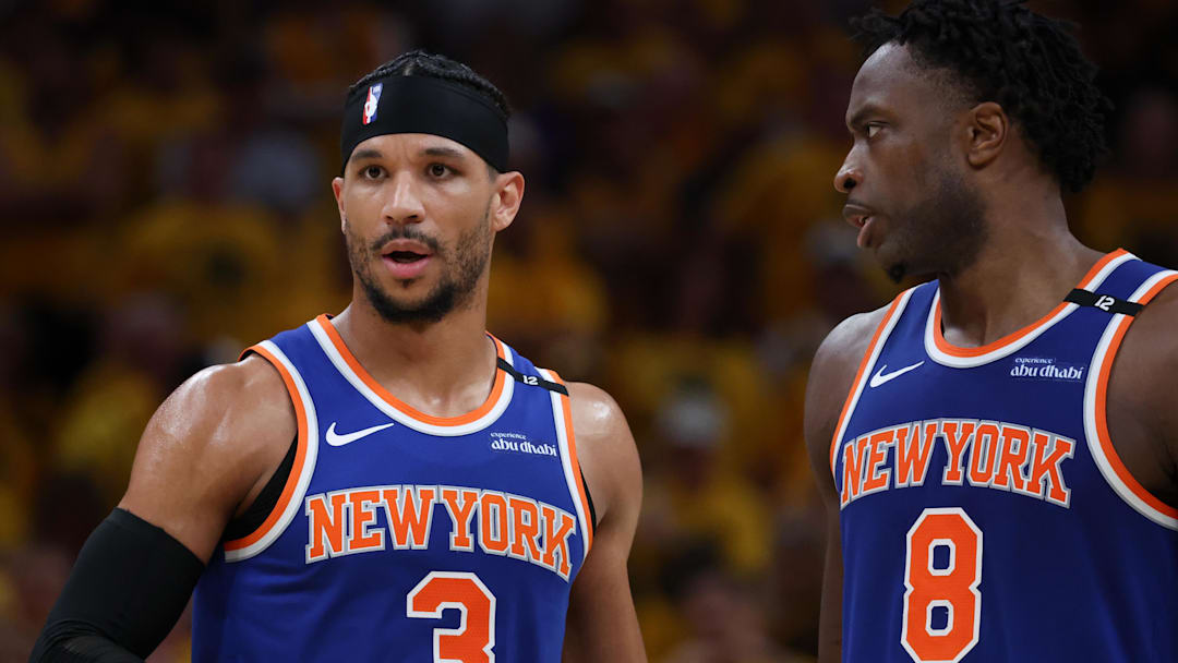 May 31, 2025; Indianapolis, Indiana, USA; New York Knicks guard Josh Hart (3) and forward OG Anunoby (8) speak in the third quarter during game six of the eastern conference finals against the Indiana Pacers for the 2025 NBA Playoffs at Gainbridge Fieldhouse. 