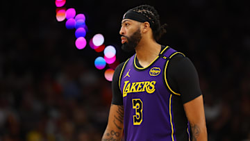 Oct 28, 2024; Phoenix, Arizona, USA; Los Angeles Lakers forward Anthony Davis (3) against the Phoenix Suns at Footprint Center. Mandatory Credit: Mark J. Rebilas-Imagn Images