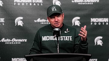 Michigan State head coach Jonathan Smith speaks at the post game press conference after 31-20 loss to Michigan at Spartan Stadium in East Lansing on Saturday, October 25, 2025.
