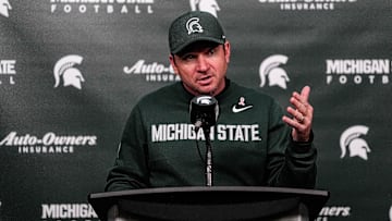 Michigan State head coach Jonathan Smith speaks at the post game press conference after 31-20 loss to Michigan at Spartan Stadium in East Lansing on Saturday, October 25, 2025.