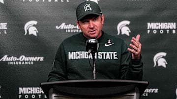 Michigan State head coach Jonathan Smith speaks at the post game press conference after 31-20 loss to Michigan at Spartan Stadium in East Lansing on Saturday, October 25, 2025.