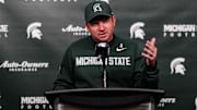 Michigan State head coach Jonathan Smith speaks at the post game press conference after 31-20 loss to Michigan at Spartan Stadium in East Lansing on Saturday, October 25, 2025.